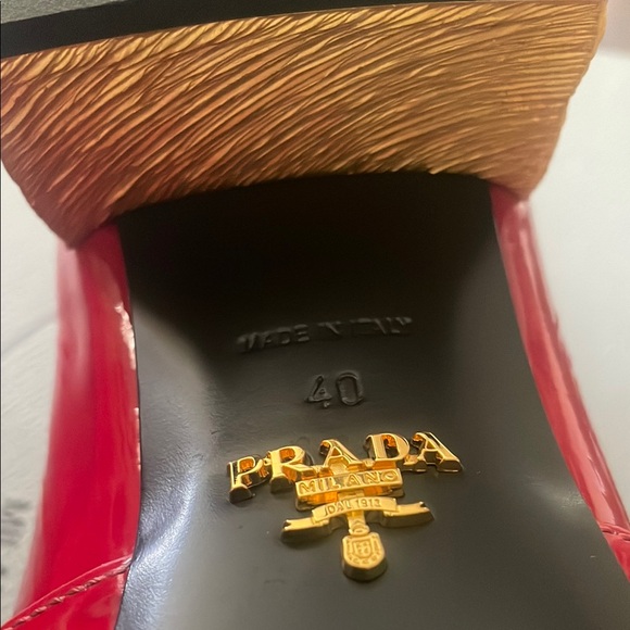 Prada Women's Red Patent Leather Loafers with Gold Accents - Picture 5 of 16